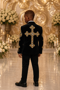 Luxury Black Velvet Boys Tuxedo Suit with Gold Embroidered <b>Blazer</b> Formal Wedding Party Suit for Kids - Product Image 2