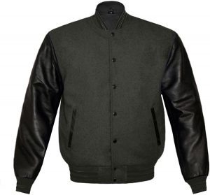 Custom Men’s Charcoal Grey Varsity <b>Jacket</b> with Black <b>Leather</b> Sleeves – Plain Wool Bomber <b>Jacket</b> Manufacturer - Product Image 1