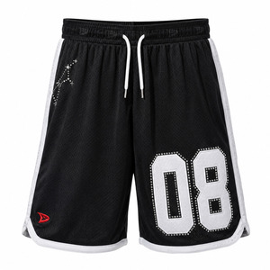 Shorts de basket-ball en maille Y2K pour hommes, shorts streetwear noirs amples avec motif 08 en strass, bordure blanche et cordon de serrage - Product Image 3
