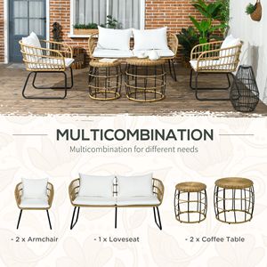 Set di Mobili da Giardino in Rattan PE Bianco Crema, 5 Pezzi, con Sedie Imbottite in Ferro, Divanetto, Tavolini, MOQ 1 Set - Product Image 6
