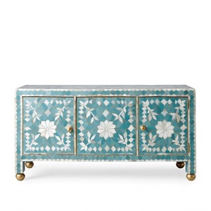 Table de chevet marocaine de luxe artisanale en os incrusté, bleu sarcelle, meuble buffet console de rangement à 3 portes pour salon, vente en gros - Product Image 1