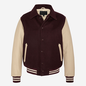 Chaqueta Varsity de Lana para Hombre con Mangas de Cuero, Cuello Camisero, Estilo Preppy, Abrigo de Otoño, Cierre de Botones de Una Fila - Product Image 1