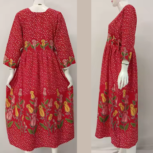 Robe d'été pour femmes, longueur genoux, manches longues, col rond, tissu en rayonne, motif floral, coupe ample, par Chrysanta - Product Image 5