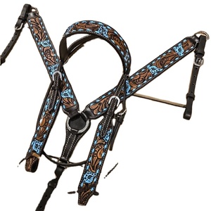 Cuero caballo occidental mano Tooled Collection Blue Floral Buckstitch Headstall and Breastcollar Set Tack by RN Enterprise" - Product Image 2