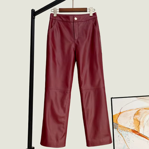 2026 Spring New Genuine Leather Pants Women Sheepskin High Waist Straight Pants Slim <b>fitting</b> Casual <b>Black</b> Leather Ankle Pants - Product Image 5