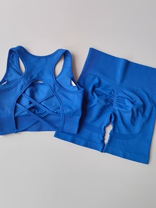 Ensemble crop top côtelé bleu vif et short cycliste taille haute froncé pour femme, tenue de sport sexy dos nageur pour le yoga - Product Image 2