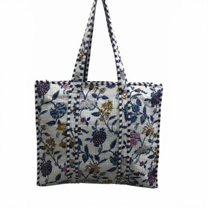 Sac fourre-tout double en coton pur de Jaipur, matelassé à la main, avec broderie ouverte, fermeture éclair, style bohème vintage, couleur unie, pour femme - Product Image 1