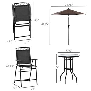 Set di 4 pezzi da giardino nero con ombrellone regolabile pieghevole tavolo in vetro e sedie per mangiare all'aperto - Product Image 3