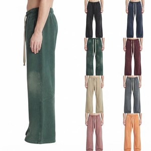 Dark Green Vintage Washed Baggy Sweatpants <b>Bleached</b> <b>Spray</b> Dye Effect Cream Drawstrings OEM ODM Apparel - Product Image 1