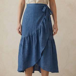 Beautiful <b>Navy</b> <b>Blue</b> Cotton Linen Ruffle Midi Wrap <b>Skirt</b> For <b>Women</b> Featuring Lightweight Fabric Modern Style Comfortable Fit - Product Image 4