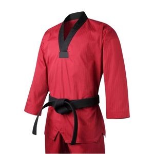 Uniforme completo de Taekwondo rojo, traje de entrenamiento con cuello en V negro, tela de alto rendimiento, conjunto de equipo de combate de Taekwondo con Dobok - Product Image 3