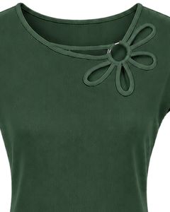 Manufacturer Custom Dark Green Women Casual Summer Blouse Elegant Flower Neck Short Sleeve Fashion Loose Fit Stylish <b>Top</b> Shirt - Product Image 5