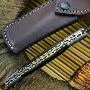 Couteau de chasse TIBERIAL en acier Damas, lame à pointe tombante, manche en Micarta avec étui en cuir, OEM disponible - Product Image 5