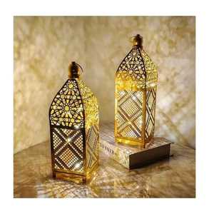 Tall hexagonal lantern ornate metalwork amber patterned glass panels domed <b>top</b> rustic farmhouse indoor outdoor candle lighting - Product Image 3