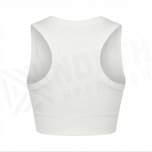 North Approach White Ribbed Zip Front Crop <b>Top</b> V-Neck Sleeveless Yoga Sportswear Breathable Solid Women's Activewear - Product Image 2