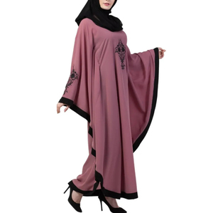 Muslim Pink Embroidered Abaya with Black Trim <b>Long</b> Sleeve Midi Modest <b>for</b> Women Middle East Style Daily Wear - Product Image 5