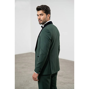 Traje de esmoquin verde oscuro para hombre, estilo británico, de un solo botón, con solapa con muescas, chaleco y pajarita, de tela de lana elástica - Product Image 2