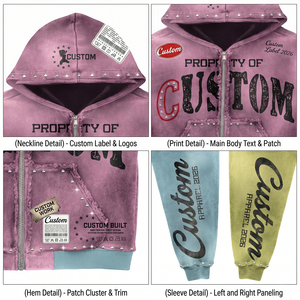 Sudadera con capucha bordada personalizada para hombre, con cremallera rosa grande, patchwork multicolor, capucha con tachuelas, diseño exclusivo desgastado - Product Image 3