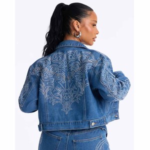 Women's Denim Trucker <b>Jacket</b> With <b>Sequin</b> Dot Pattern Full Sleeve Turn-down Collar Short Length Spring Washed Cotton Coat - Product Image 3