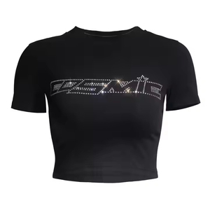 Camisetas Cortas de Algodón para Mujer Estilo Urbano con Pedrería Personalizada, Ajuste Delgado, Camisetas Baby Tee de Algodón para Mujer - Product Image 1