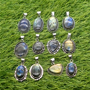 Colliers pendentifs ovales en labradorite naturelle Prem Bhaya, 10 pièces, plaqué argent 925, sertissage clos, unisexe, vintage, chrétien, pour fiançailles - Product Image 3