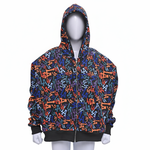 Sweat à capuche streetwear multi-couleurs imprimé sur toute la surface, coupe oversize pour homme, fermeture éclair intégrale, en molleton de coton épais avec motif graphique LA - Product Image 5