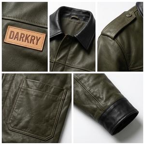 Chaqueta de Cuero Genuino Verde Oliva para Hombre, Personalizada, al por Mayor, OEM, ODM, con Cuello Negro, Suministro Directo de Fábrica, Bolsillo con Parche - Product Image 6