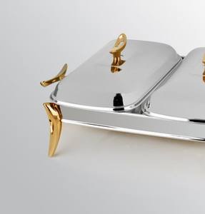 Plat de service rectangulaire haut de gamme en acier inoxydable doré et argenté avec double couvercle pour buffet multi-plats - Product Image 1