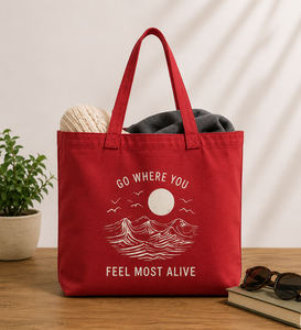Red <b>Canvas</b> <b>Tote</b> Bag With Mountain Print Go Where You Feel Most Alive Design For Shopping And Everyday Use - Product Image 1