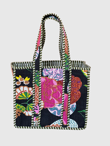 Sac fourre-tout en toile brodée bohème avec motif floral, sac de shopping pour femmes, toutes saisons, fermeture ouverte - Product Image 2