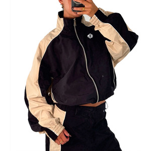 Custom Women Cropped Track <b>Jackets</b> <b>Lightweight</b> Contrast Panel Windbreaker Tracksuit Zipper Front Stand Collar OEM <b>Jacket</b> for men - Product Image 5