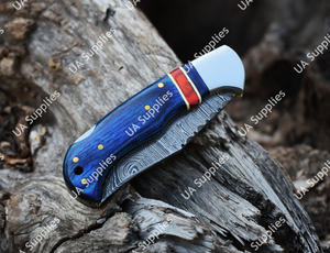High Quality Damascus Steel Folding Knife OEM Wood Epoxy Handle Outdoor Bushcraft EDC Tactical Pocket Knife <b>Leather</b> Sheath Drop - Product Image 5