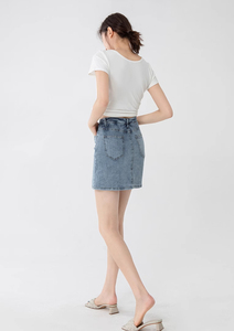 Jupe en jean bleu foncé mi-longue coupe ample avec ceinture et boutons, style décontracté automne, vente en gros pour filles et femmes - Product Image 6