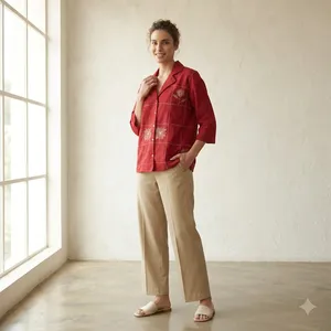 Ensemble chemise brodée rouge et pantalon droit beige pour femme, haut à col et manches trois quarts, tenue décontractée élégante pour le bureau - Product Image 1