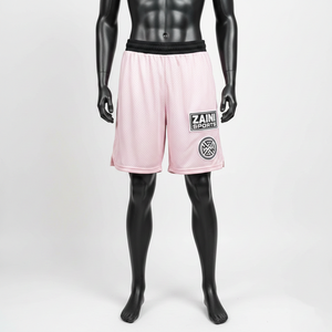 Shorts de baño de malla de poliéster de alta calidad, color rosa suave, panel de cintura negro, logotipo personalizado con transferencia térmica, secado rápido, shorts de malla para hombre - Product Image 1