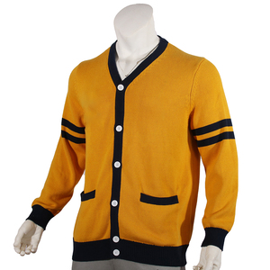 Women's Mustard Yellow Knitted Cardigan V-Neck Full Sleeve Preppy Style Solid Color Button Closure Autumn Wear - Product Image 1