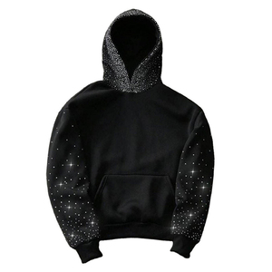 Sweat-shirt à capuche unisexe oversize noir délavé vintage avec strass, épaules tombantes, vente en gros - Product Image 2