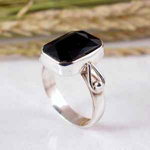 Handmade 925 Sterling Silver Black Obsidian <b>Cushion</b> Gemstone <b>Statement</b> Ring Adjustable Band Boho & Hippie Style Unisex - Product Image 4