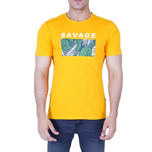 <b>Savage</b> <b>Men's</b> Yellow Short Sleeve O-Neck T-Shirt Regular Fit Printed Tropical Pattern Casual Jersey Cotton - Product Image 6