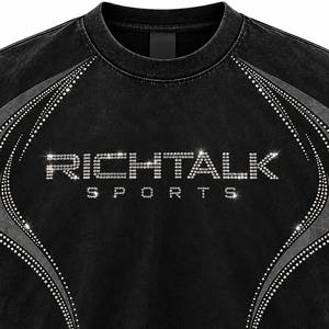 T-shirt noir surdimensionné pour homme avec imprimé lettres en strass sur le devant, style sportif, manches courtes, col rond, tissu jersey 100% coton - Product Image 4