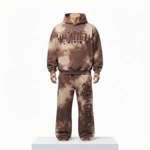 Custom Men Brown <b>Tie</b> <b>Dye</b> Rhinestone <b>Sweatshirt</b> Jogger Set Cotton Fleece Streetwear Tracksuit OEM Wholesale - Product Image 4