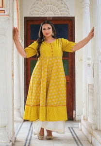 Kurti Anarkali en coton lurex à manches courtes pour femme, grande taille, col rond, imprimé floral, coupe évasée, tenue décontractée, couleur moutarde - Product Image 6