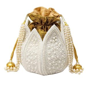 Bolso de mano con forma de flor, cristal, diamantes de imitación, perlas de imitación, estilo vintage para mujer, monedero de boda, chapado en oro, con cordón de 3m, estilo bohemio - Product Image 1