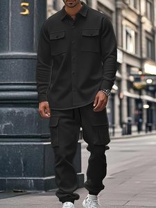 Camisa de Manga Larga Negra para Hombre con Botones y Bolsillos en el Pecho, Corte Regular, Estilo Casual Otoñal, 100% Algodón Tejido - Product Image 2