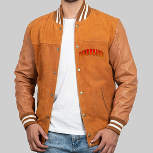 Custom Luxury Brown <b>Suede</b> Varsity <b>Jackets</b> With Leather Sleeve Letterman Embroidered Logo Front Casual Autumn Wear - Product Image 1