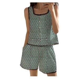 Conjunto de Pijama de Algodón con Estampado Indio y Ribete de Encaje, Pantalones Cortos, Ropa de Estar por Casa, Primavera/Verano, Floral, Sin Mangas, Venta al por Mayor - Product Image 6