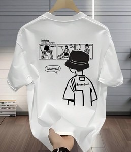 Camiseta Blanca Extra Grande para Hombre con Estampado de Dibujos Animados, Manga Corta, Cuello Redondo, Informal, Tejido de Punto, Transpirable, Diseño con Logotipo en la Espalda - Product Image 1
