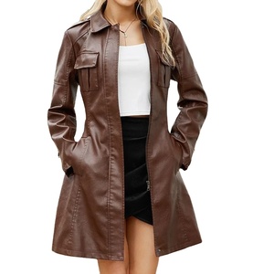 Ropa de cuero Moda de mujer Color sólido Solapa Cremallera Manga larga delgada con cinturón Chaqueta de calle de oficina elegante de cuero de imitación - Product Image 1