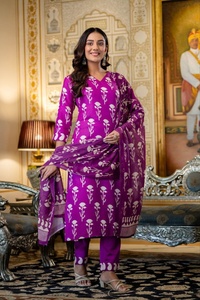 Women's Pair Top-Bottom Dupatta Salwar Kameez Cotton <b>Blend</b> Faux Fabric Modern All Seasons - Product Image 3