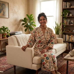 Robe kimono en coton artisanal à fleurs pour femme, peignoir à manches longues, vêtement de détente, peignoir de bain avec ceinture et poches - Product Image 5